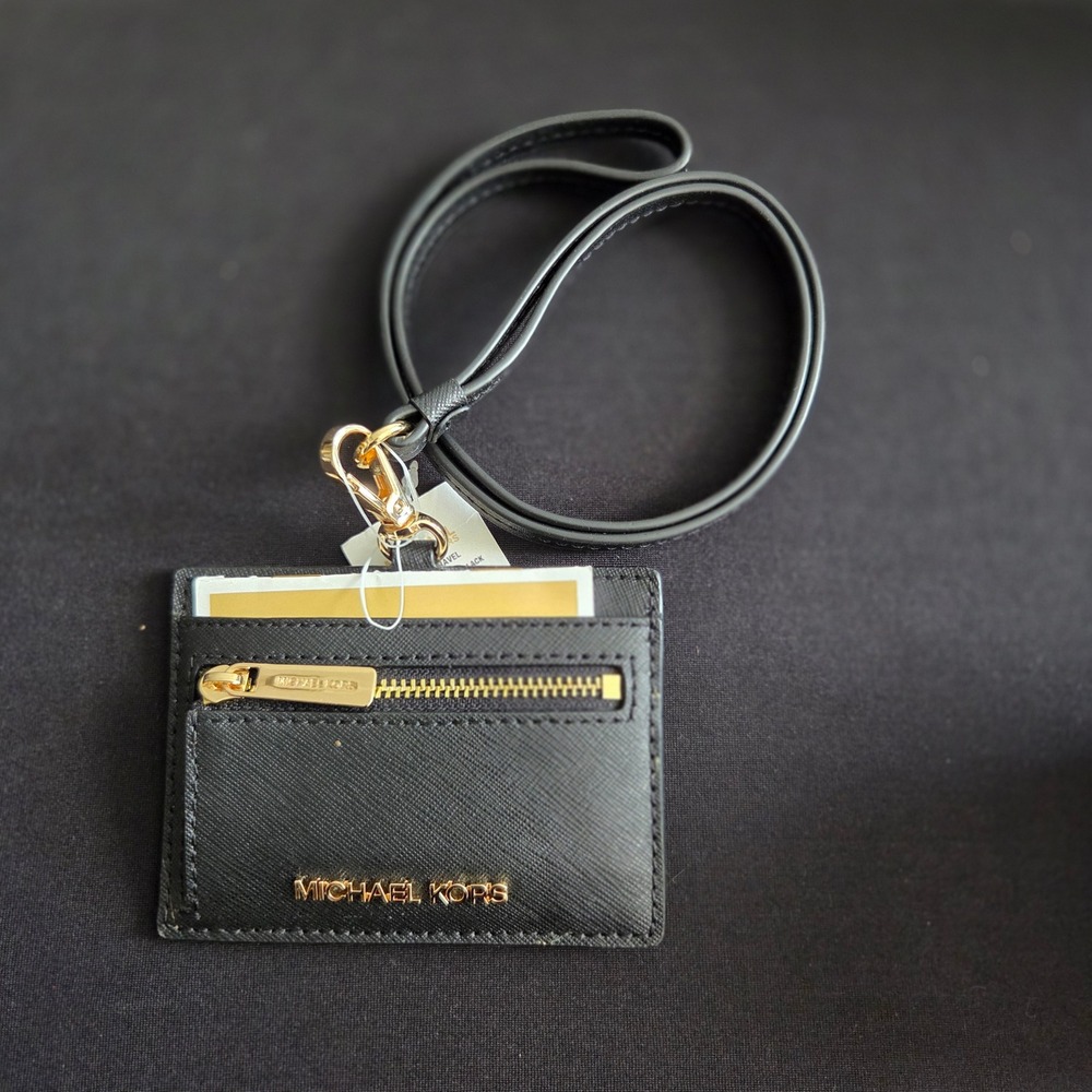 Michael Kors Jet Set Travel ID Lanyard Card Case Black Leather 35S3GTVD3L